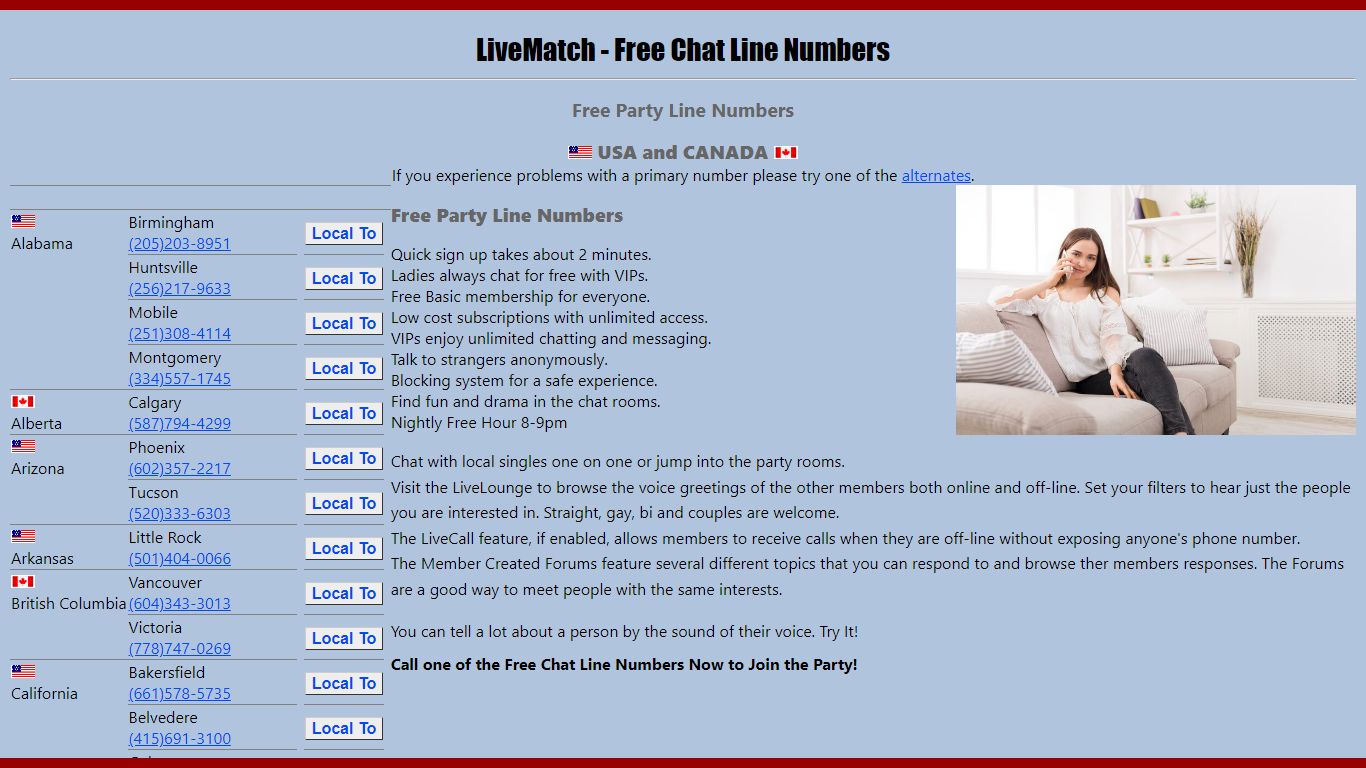 Free Chat Line Numbers One on One and Party line - LiveMatch